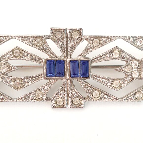 Art Deco style silver, faux diamond and faux sapphire brooch - Picture 4 of 5
